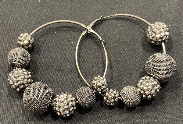 GREY MESH BALL BEADED HOOP EARRINGS