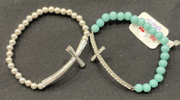 2 SET OF SILVER AND TURQUOISE RHINESTONE CROSS BRACELETS